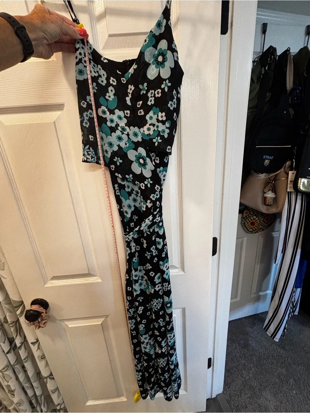 Michael Kors Black Floral V-Neck Wide-Leg Jumpsuit with Teal Accents